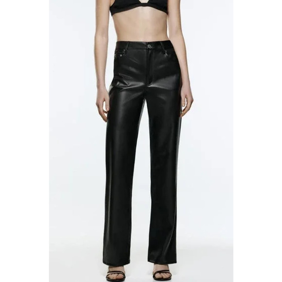 ZARA 90s Wide Leg Faux Leather Pants High Waist Trouser, Black - Picture 2 of 11